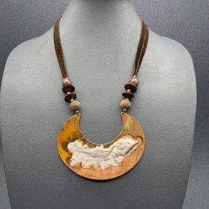 Copper Crescent BoHo Necklace Statement Silver Gold Wood Brown Suede